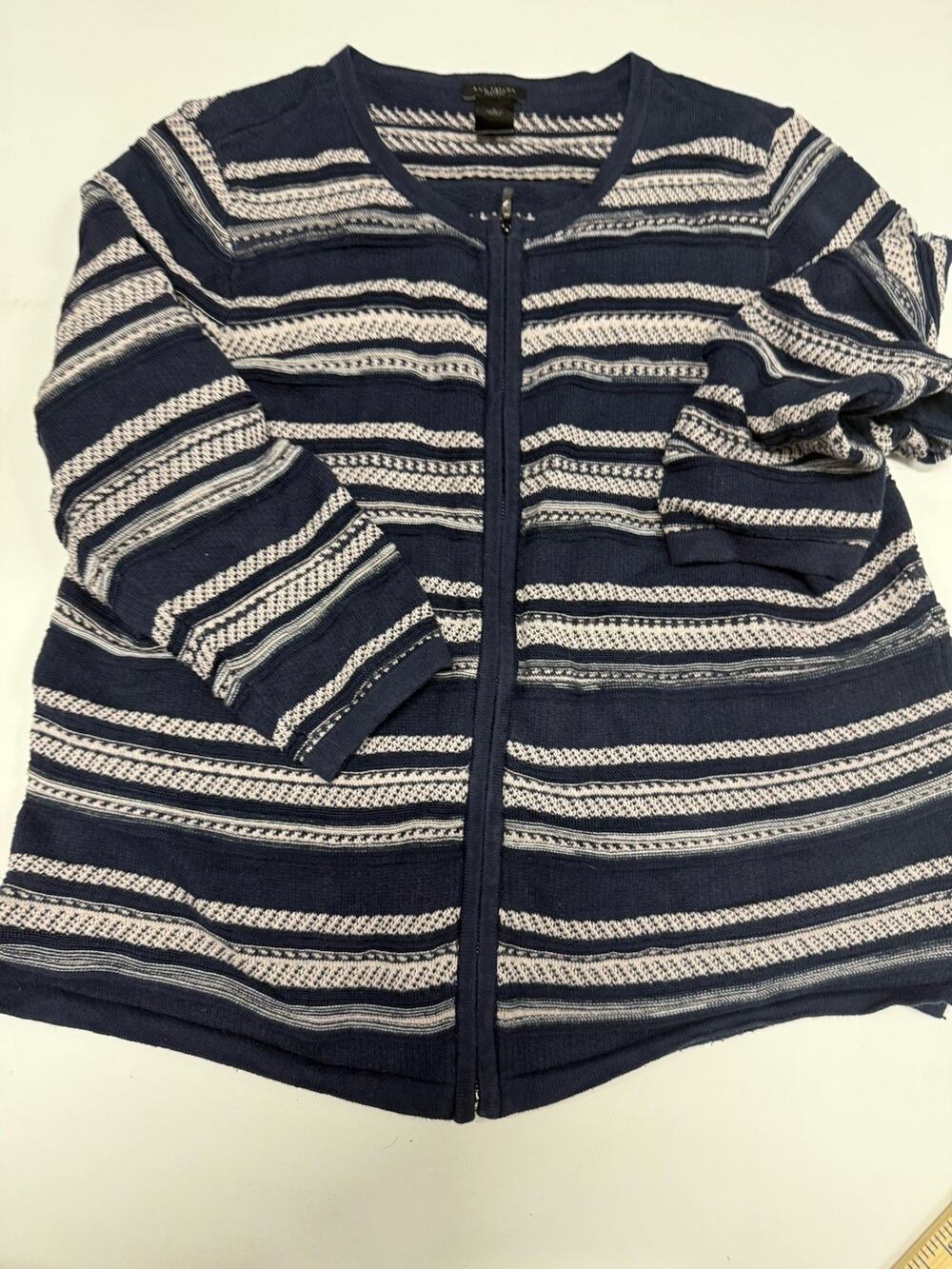Ann Taylor Factory Full Zip Cardigan Women’s Navy Stripe Sweater Size Large